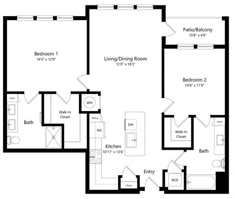 Two Bedroom Floor Plan at Grady Square Luxury Apartments in Tampa FL